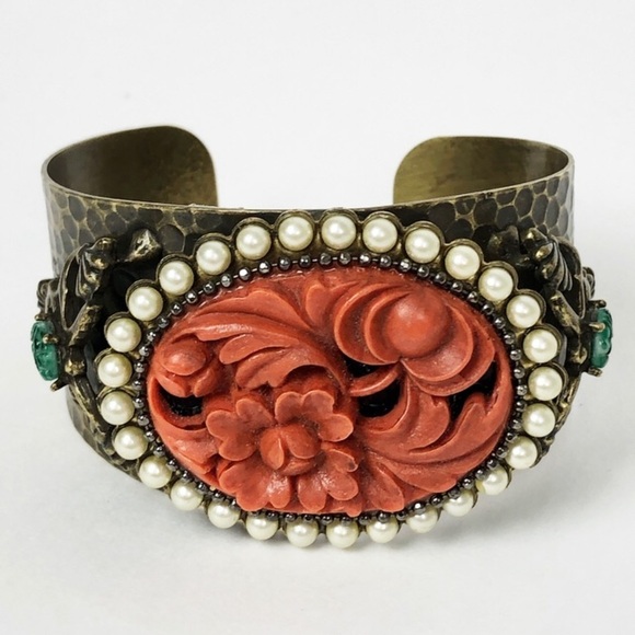 Vintage Ollipop Brass Faux Coral Jade Bracelet - Picture 1 of 8